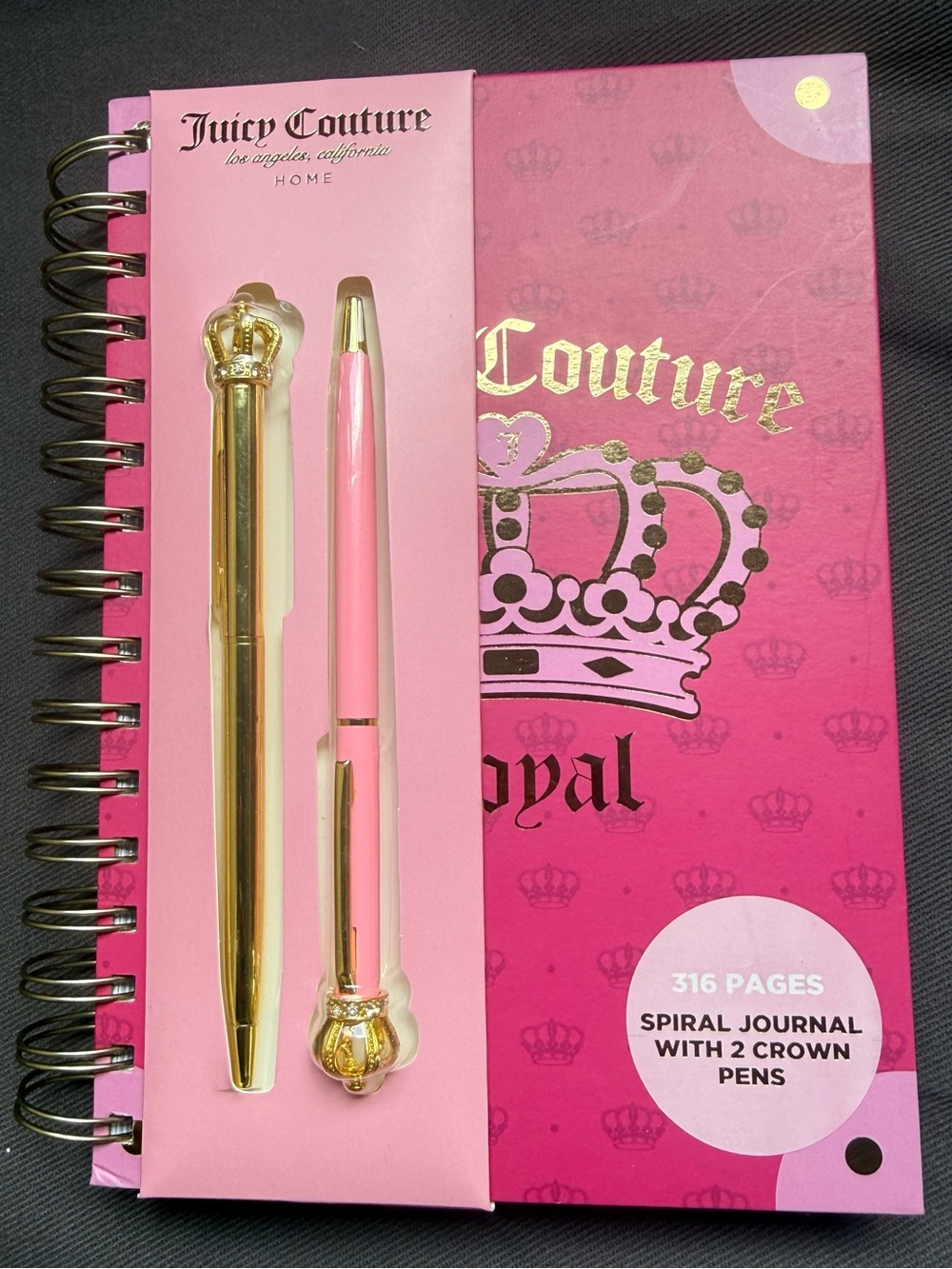 Juicy Couture spiral notebook with 2 crown pens